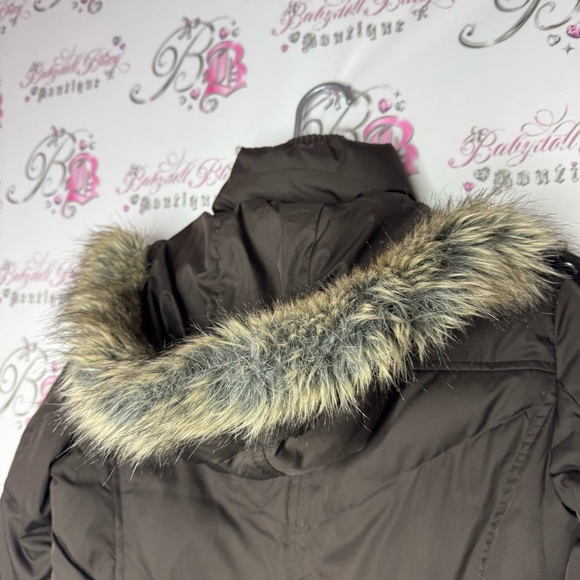 Espirit jacket coat down feather filled brown waist cinch inside button up fur - Picture 6 of 12